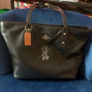 Coach Black Leather Tote with Tan Tag and Minnie Sketch